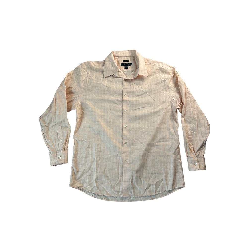 Pronto Uomo Mens Peach Plaid Non-Iron Cotton Dress Shirt 17.5 34/35 Long Sleeve